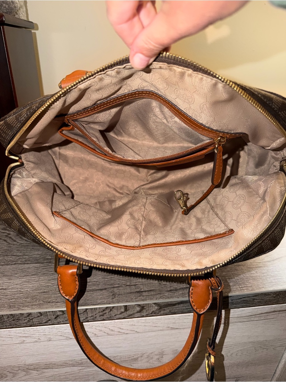 Michael Kors Brown MK Monogram Satchel with Tan Handles - Picture 2 of 4